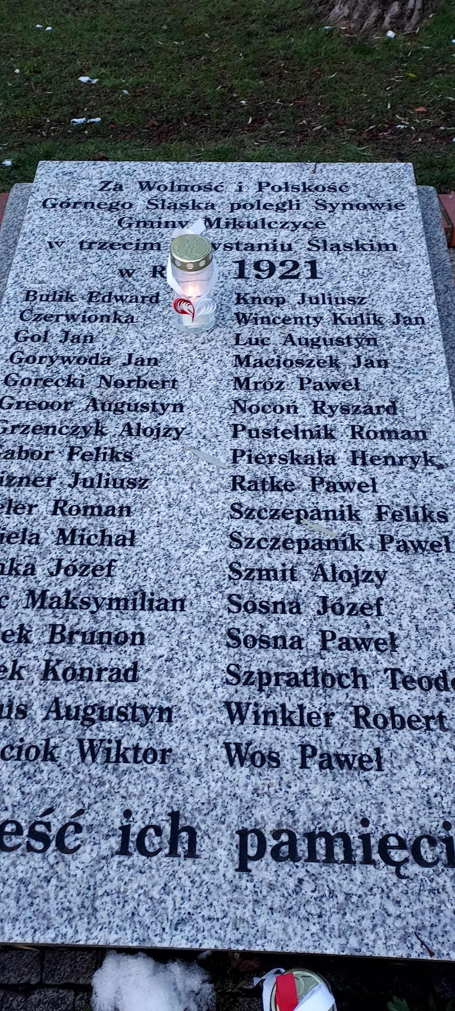 Na zdjęciu widoczna jest ciemna, kamienna płyta nagrobna ustawiona na zbiorowej mogile powstańców śl