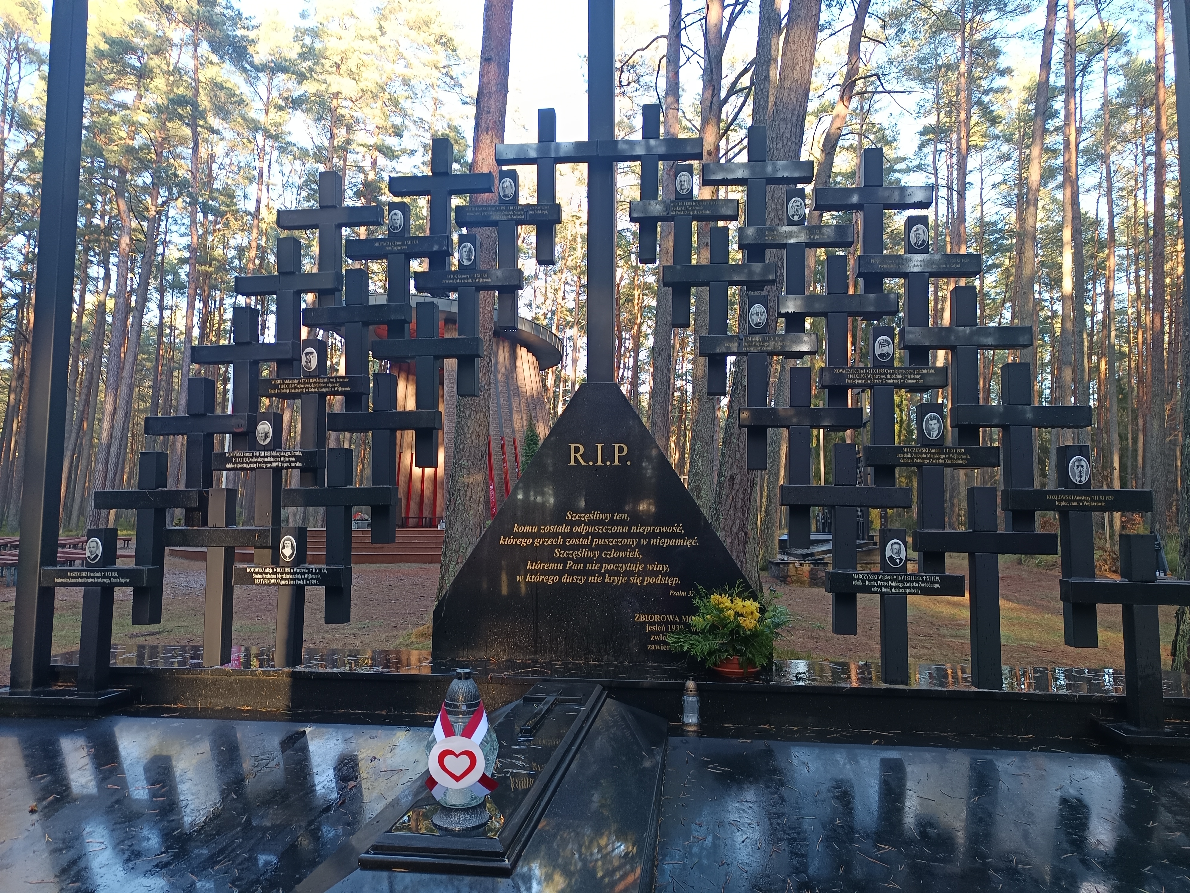 Jedna z mogił zbiorowych w Piaśnicy, w tle ołtarz.