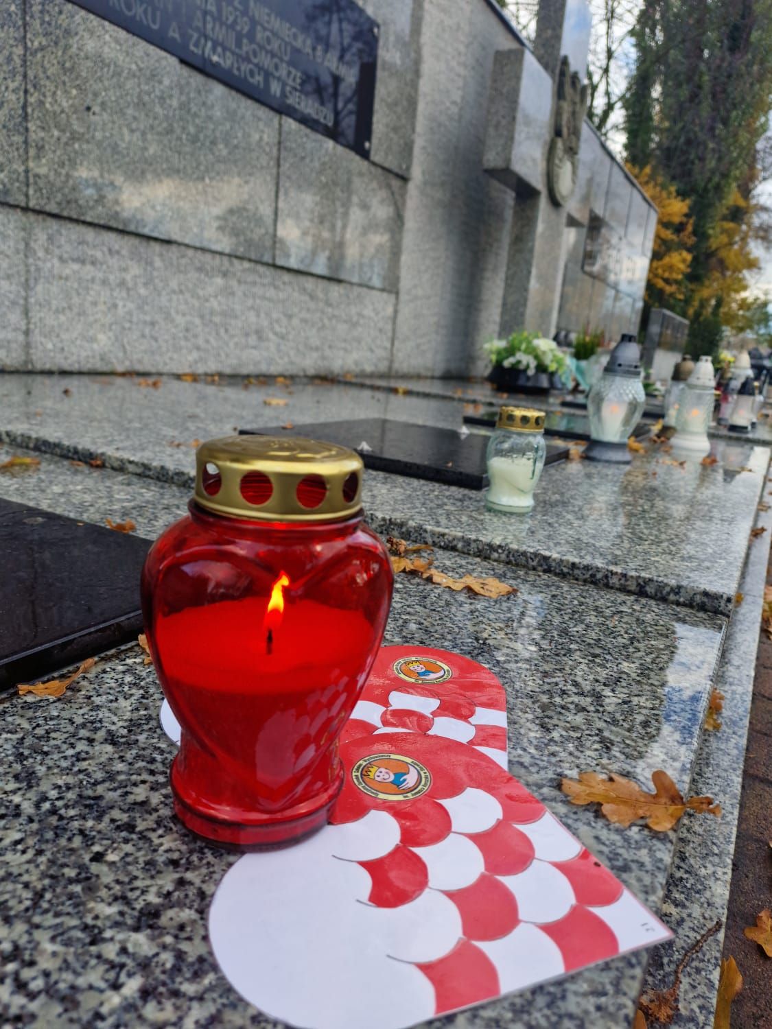 Znicz, serce zrobione przez uczniów SOSW w Sieradzu z logo ośrodka.